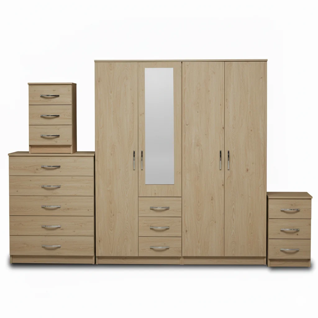1-HALF MIRROR 4 DOOR WARDROBE SET (Assembled) - Image 3