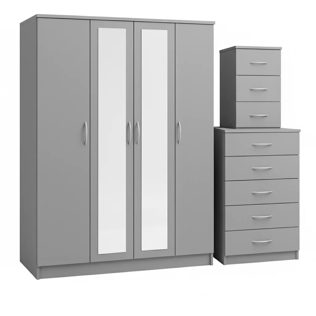 2-FULL CENTER MIRROR 4 DOOR WARDROBE SET (Assembled) - Image 5
