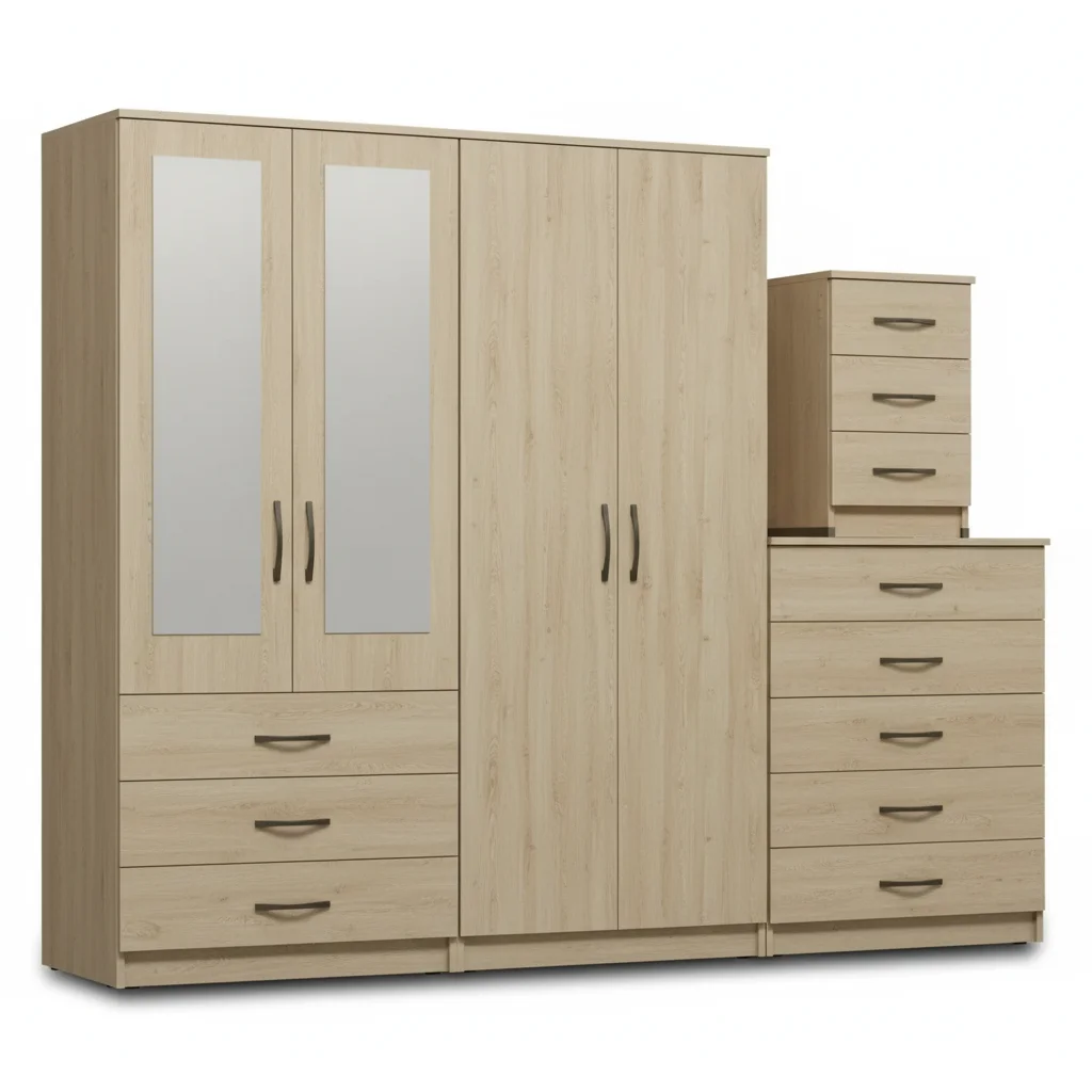 2-HALF MIRROR WITH 2-BOTTOM DRAWERS 4 DOOR WARDROBE SET (Assembled) - Image 3