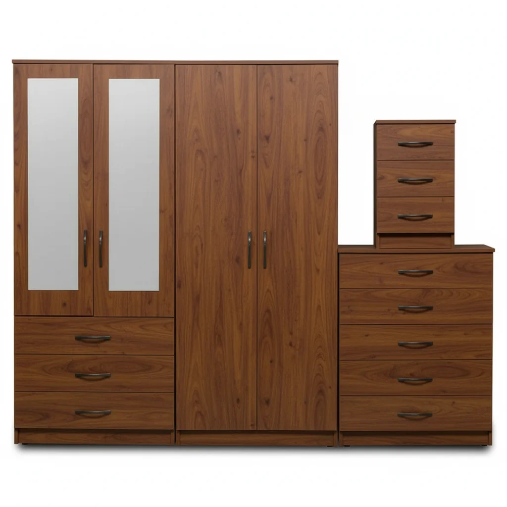 2-HALF MIRROR WITH 2-BOTTOM DRAWERS 4 DOOR WARDROBE SET (Assembled)