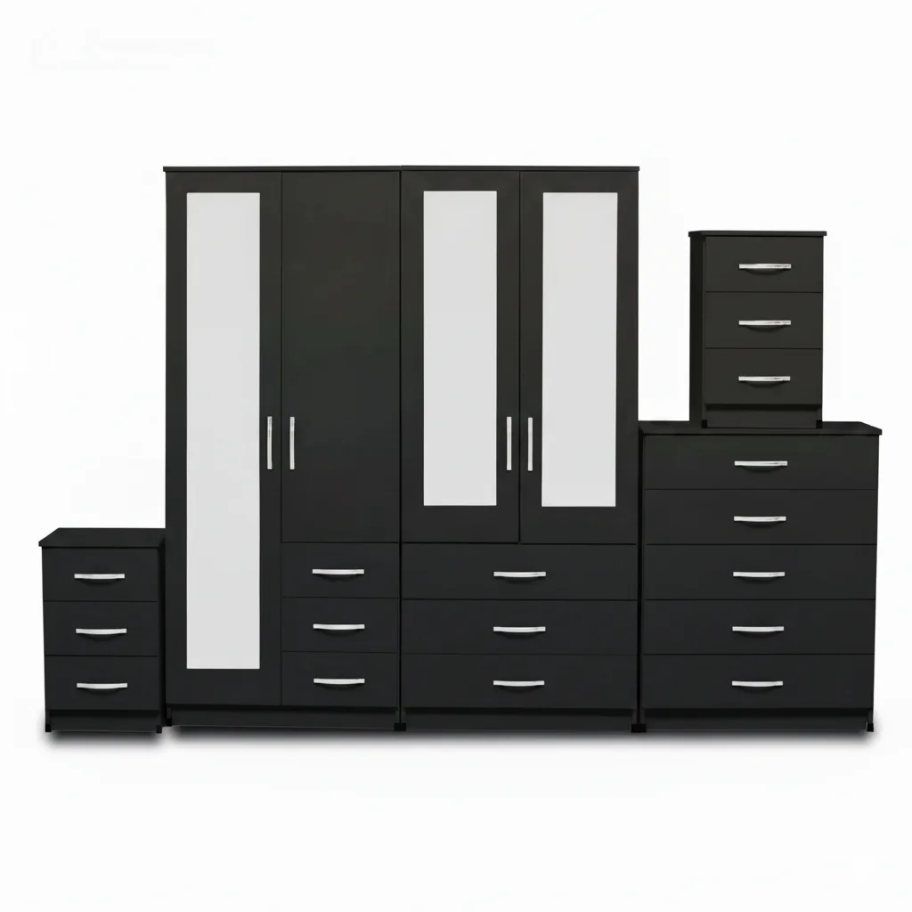 1-FULL, 2-HALLF MIRROR 4 DOOR WARDROBE SET (Assembled) - Image 2