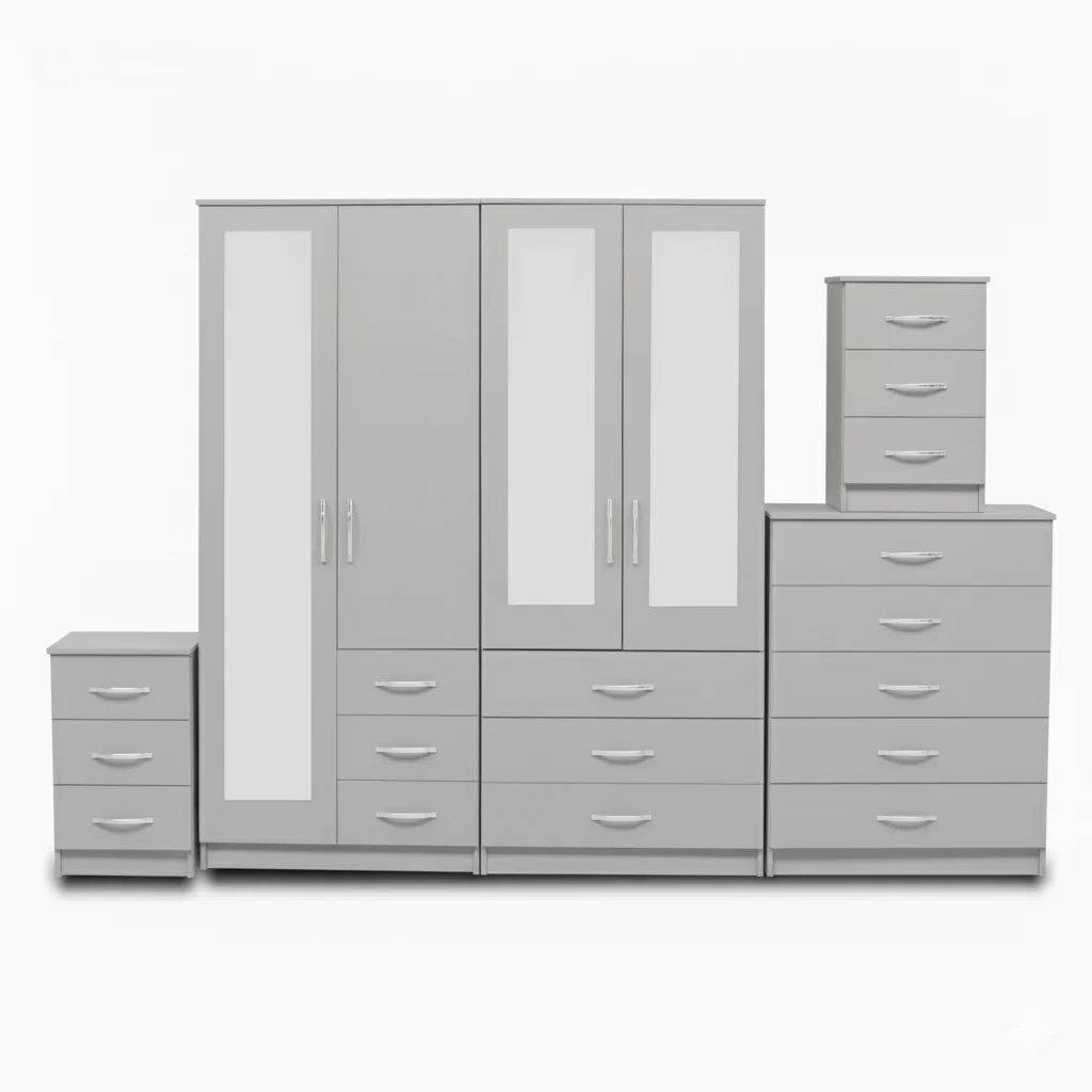 1-FULL, 2-HALLF MIRROR 4 DOOR WARDROBE SET (Assembled)