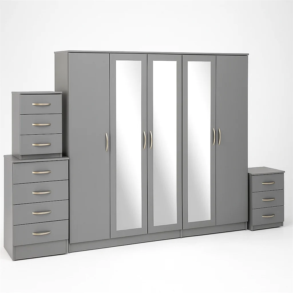 3-FULL MIRROR 5 DOOR WARDROBE SET (Assembled)