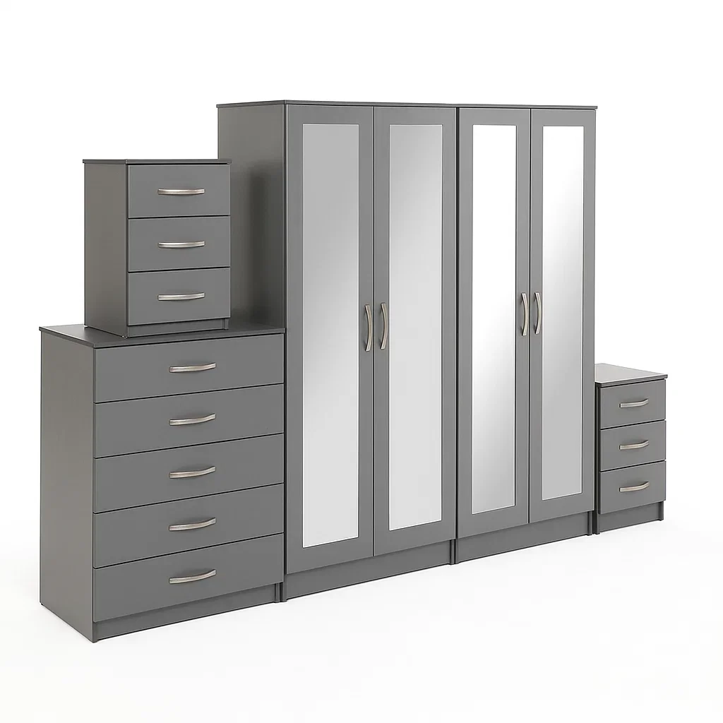4-FULL MIRROR 4 DOOR WARDROBE SET (Assembled) - Image 5