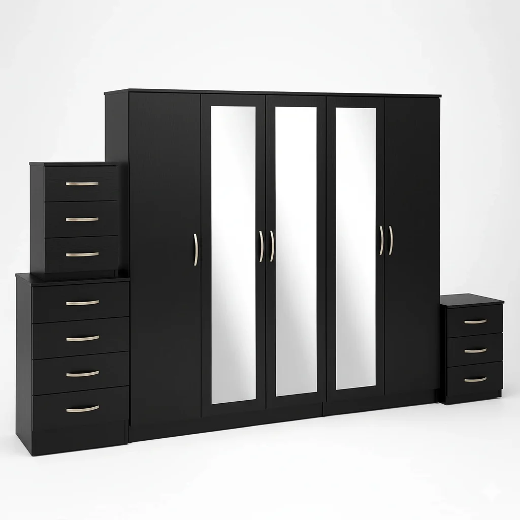 3-FULL MIRROR 5 DOOR WARDROBE SET (Assembled) - Image 3