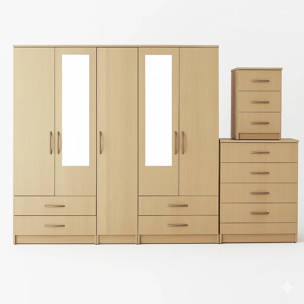 2-HALF MIRROR 5 DOOR WARDROBE SET (Assembled) - Image 2