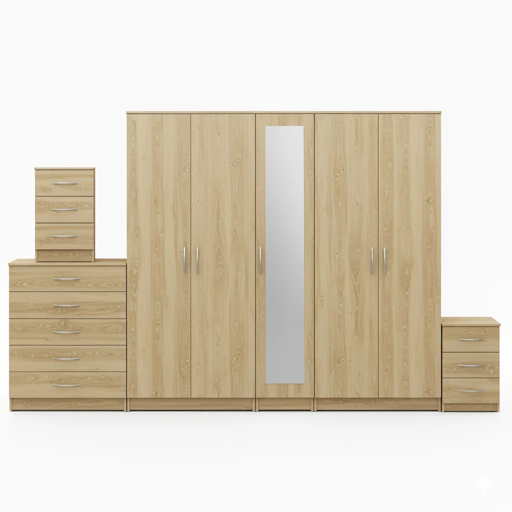 1-FULL MIRROR 5 DOOR WARDROBE SET (Assembled) - Image 5