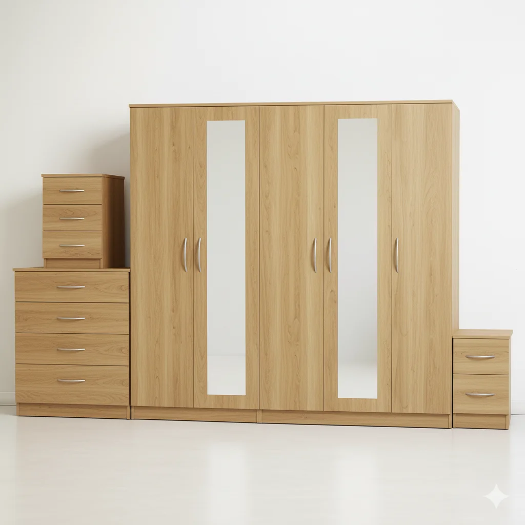 2-FULL MIRROR 5 DOOR WARDROBE SET (Assembled) - Image 4