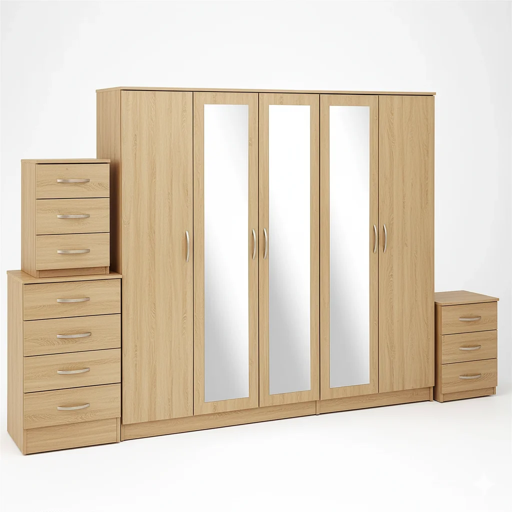 3-FULL MIRROR 5 DOOR WARDROBE SET (Assembled) - Image 2