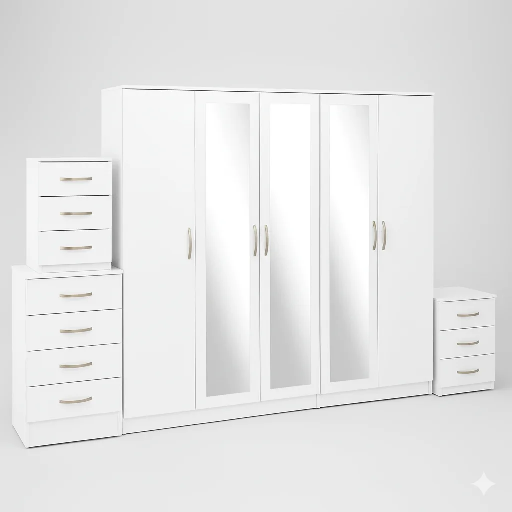 3-FULL MIRROR 5 DOOR WARDROBE SET (Assembled) - Image 5